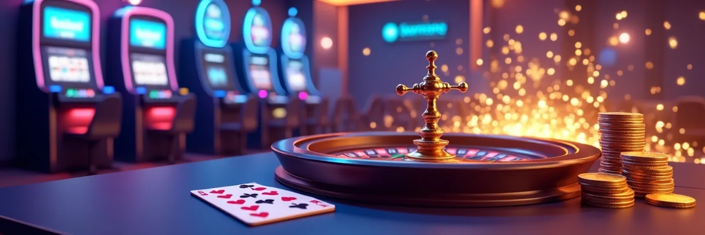 A 3D casino floor scene with a roulette wheel, playing cards, stacks of gold coins and neon-lit slot machines with golden sparks on a dark blue background